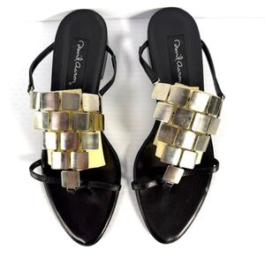 David Aaron, black leather sandals with square metal embellishments
